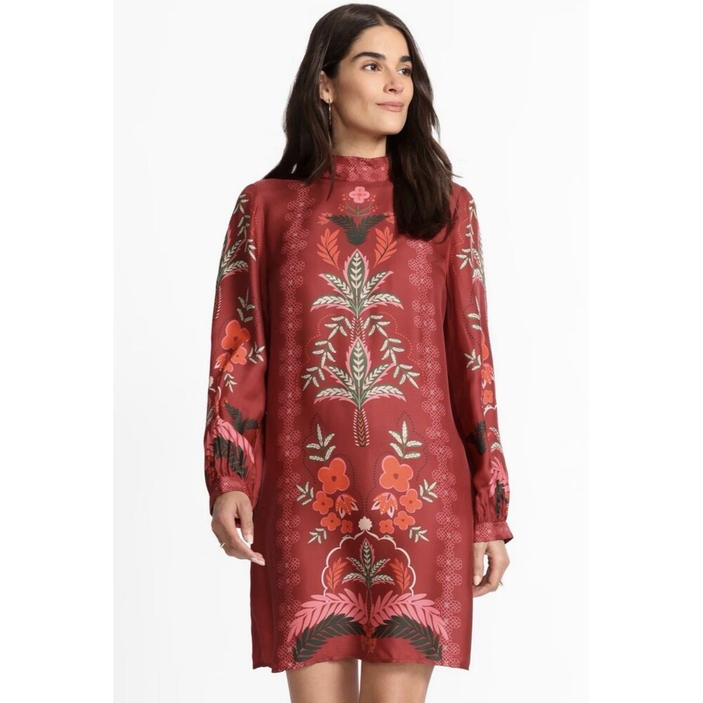 JOHNNY WAS Kalova Red Floral Print Mock-Neck Shift Mini Dress. Sizes: XXL